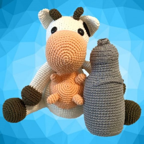 Crochet Cow With Milk Bottle 12" - Picture 1 of 2